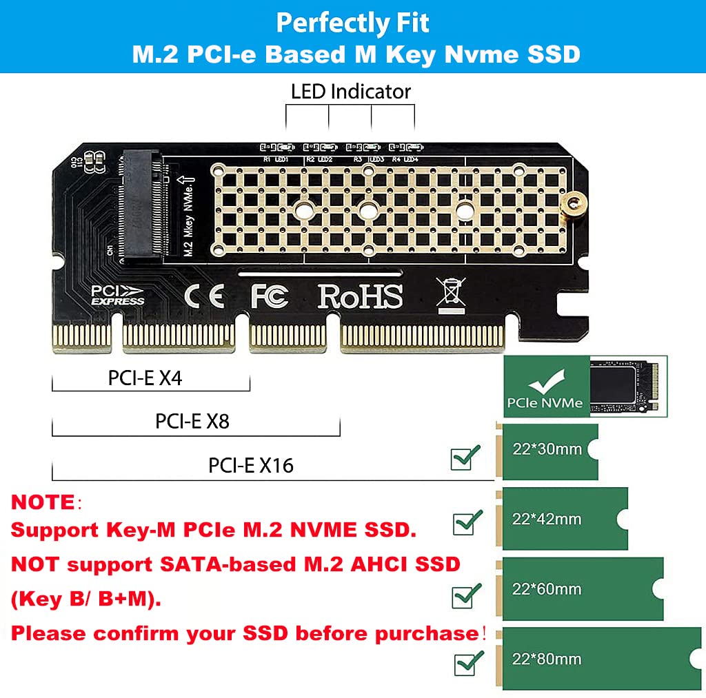 Verilux NVME Adapter PCIe x16 with Gel Pad, M.2 NVME to PCIE 3.0 Adapter Card for Key M 2230, 2242, 2260, 2280 Size M.2 SSD, Support PCIe x4 x8 x16 Slot (Not Support AHCI SSD, Key B,Key B+M