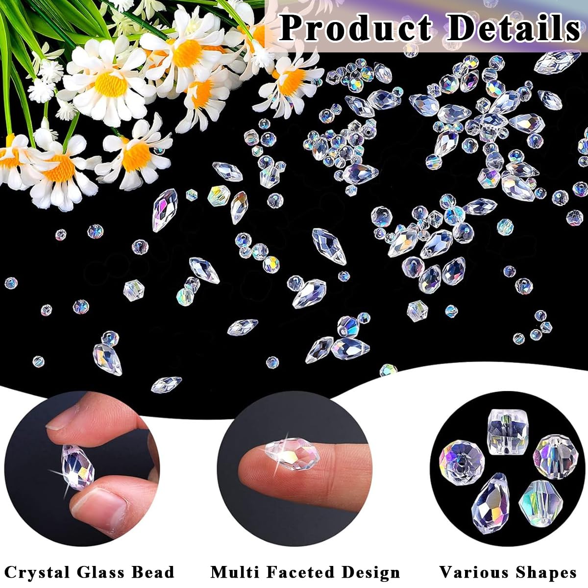 SANNIDHI Glass Crystal Beads for Jewellery Making with 1200 pcs set featuring 5 shapes | Clear AB faceted spacers for bracelet and necklace DIY crafts