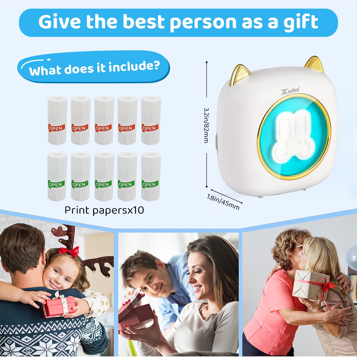 ZEITEL Mini Bluetooth Thermal Printer for Android and iOS with 200DPI Inkfree Print | 10 Roll Paper Gift for Kids