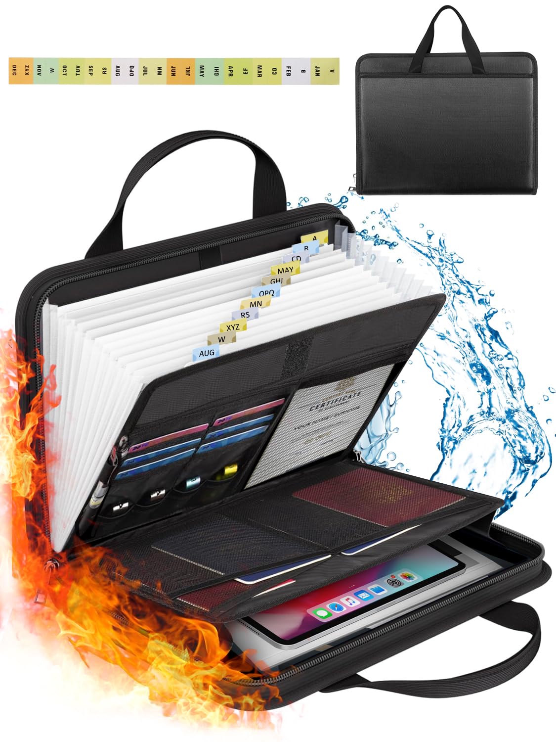 OFIFO® Important Document Organizer Folio Accordion File Organizer Fireproof Expanding File Folder Storage Box with Zipper Labels 13 Pockets for Business Office Receipt Travel-Black