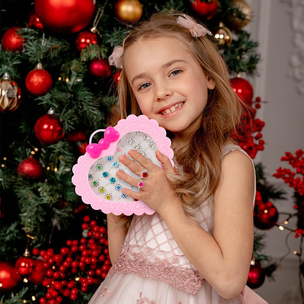SANNIDHI Gem Rhinestone Rings Set for Girls with 36pcs Adjustable Open Rings | Colorful Acrylic Jewelry Gift Box for Pretend Play