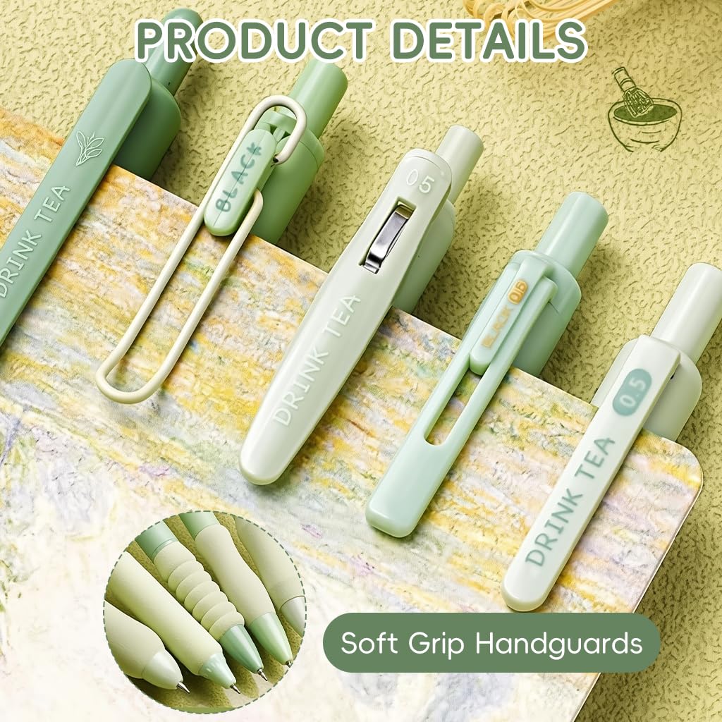 Zibuyu Click Pens for Students with Foam Grips and Quick Dry Ink | 5Pcs Green Set