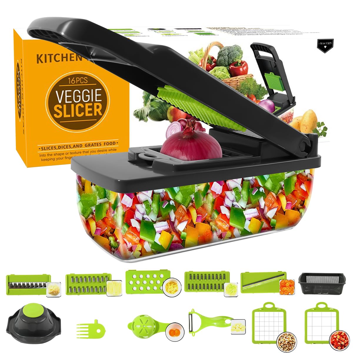 Supvox® Vegetable Chopper - Mandoline Slicer Cutter Chopper and Grater, 7 in 1 Vegetable Cutter Interchangeable Blades with Colander Basket and Container, 16Pcs Kitchen Vegetable Slicer