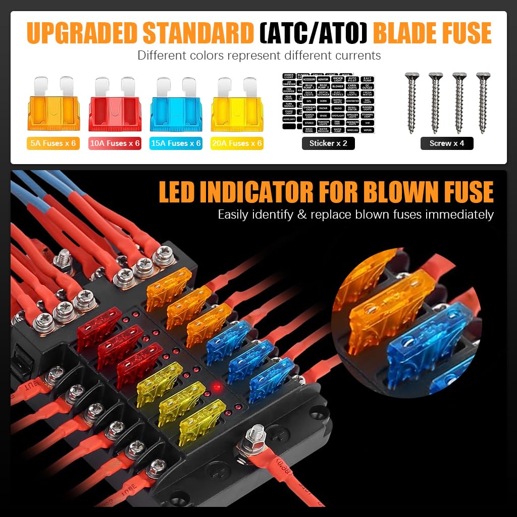 STHIRA HIRA 12V Car Fuse Box Kit for Auto Truck and Boat with 12 Way LED Indicator | Waterproof Compact Design