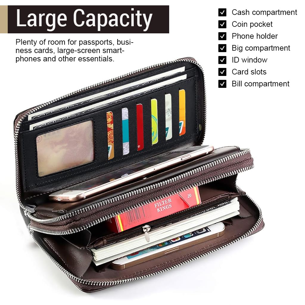 GUSTAVE Wallet for Men with 8.2x4.7 in Double Layer Design and Hand Grip | Brown PU Leather