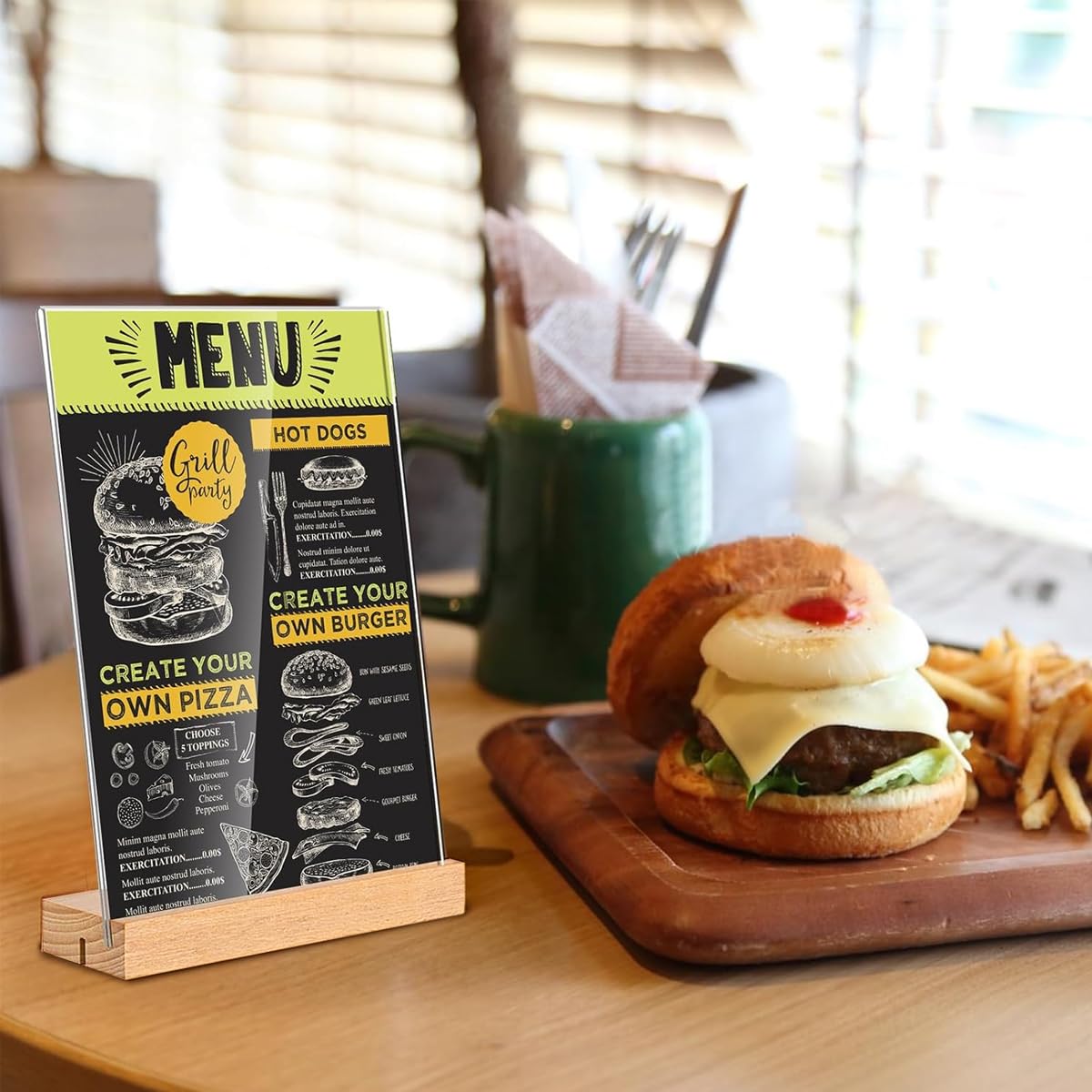 Climberty Sign Holder for Reception and Restaurant with Reversible Wooden Base 9PCS | Clear A5 Acrylic Vertical Display Stand