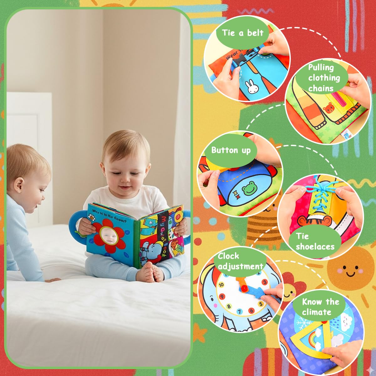 SNOWIE SOFT Cloth Books for Babies with 3D Animal Tails and Crinkle Pages | Educational Sensory Toy