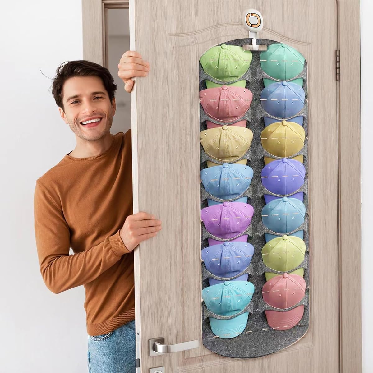 HASTHIP Nylon Hat Organizer for Baseball Caps with 14 Pockets featuring Easy‑Grab Layout | Grey Over Door Storage for Closet and Bedroom