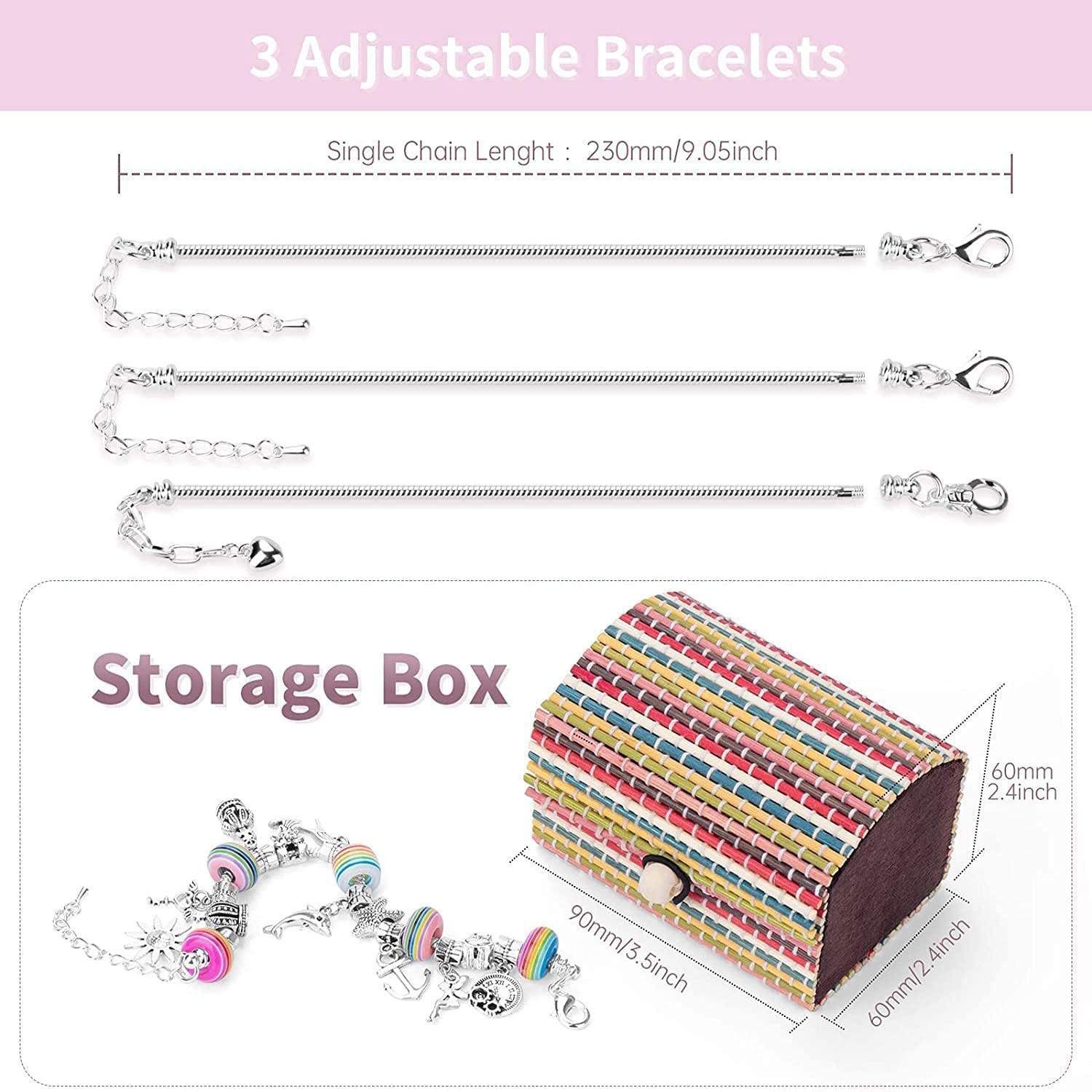 SANNIDHI Beads Charms for Jewellery Making with 3 Bone Chains and 62 Pieces | DIY Bracelet Kit for Kids Girls