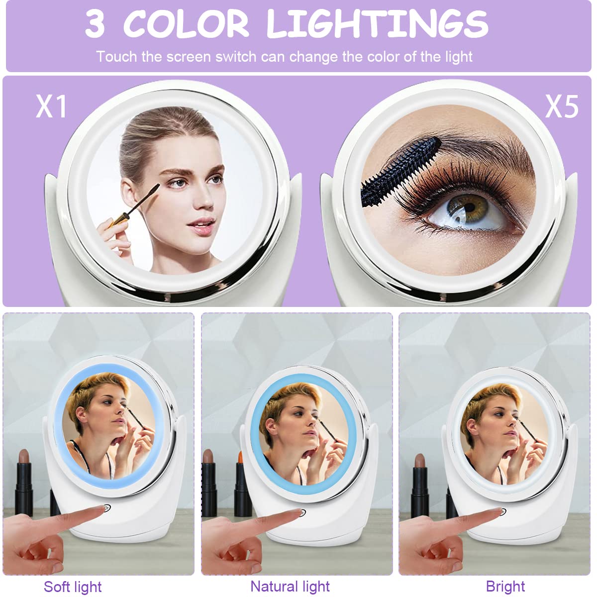 MAYCREATE Makeup Mirror for Vanity with 5X Magnification and Double Side Design | 3 Light Modes