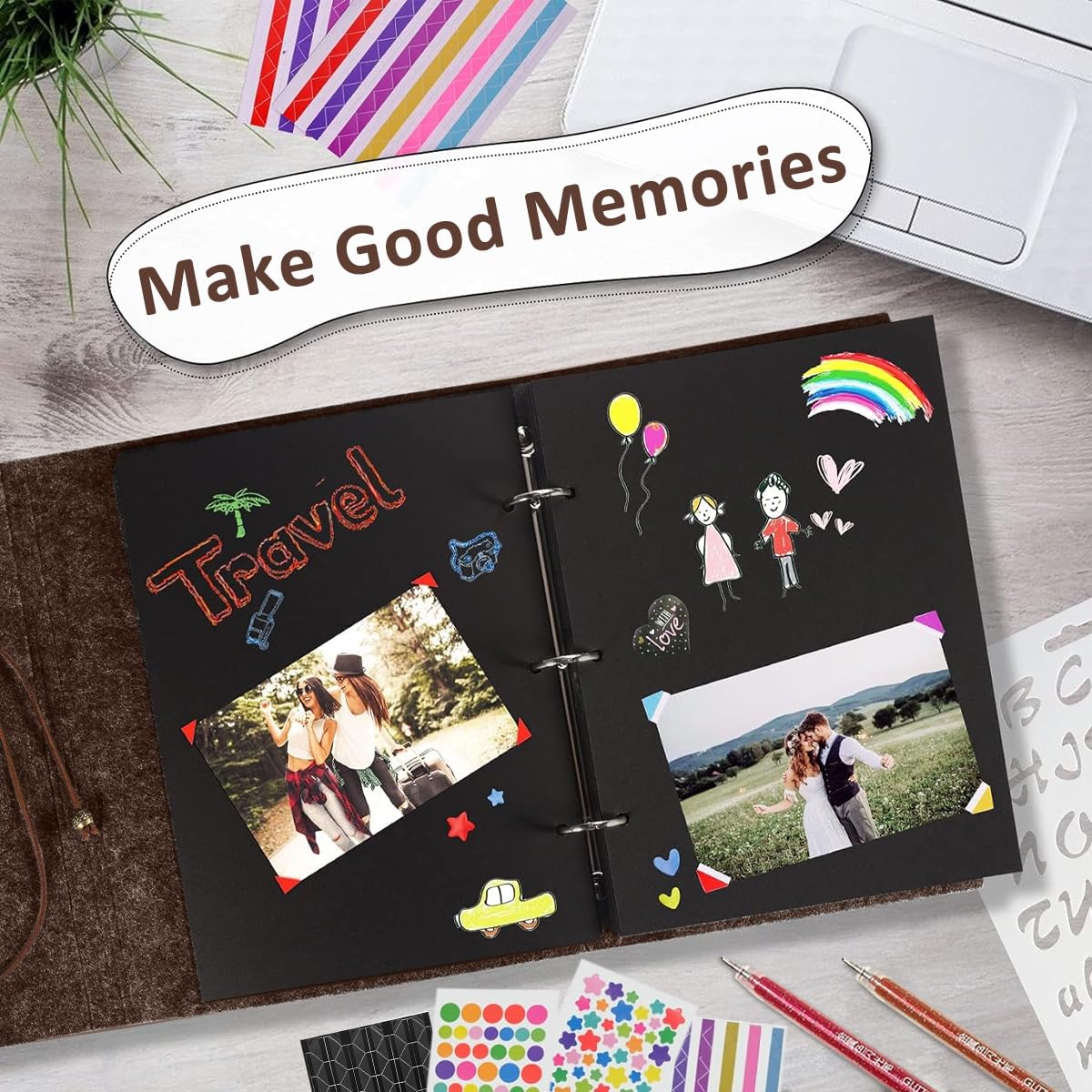 HASTHIP® DIY Photo Album 60 Pages with Color Stickers, Metallic Pen, Red Heart Closure, Felt Cover for Family, Graduations, Weddings, Scrapbooking, Memory Keeping