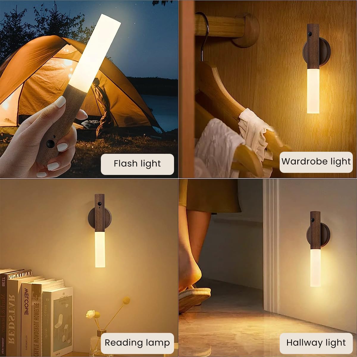 ELEPHANTBOAT USB LED Wall Light for Bedroom and Hallway with 13 ft Motion Sensor | Wooden Bar Design