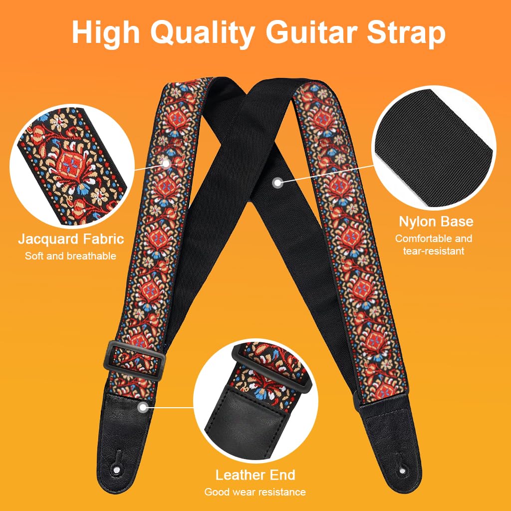 HASTHIP Guitar Strap with Double-Sided Embroidery adjustable 34–41 in for Acoustic Electric Bass | Gift for Musicians