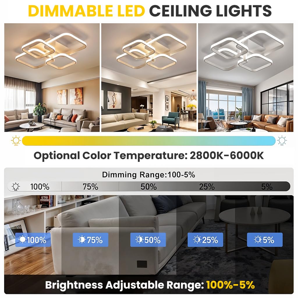 ELEPHANTBOAT LED Ceiling Light for Living Room with Remote Control and 3-Color Dimming | 58x45x12cm White Acrylic Flush Mount