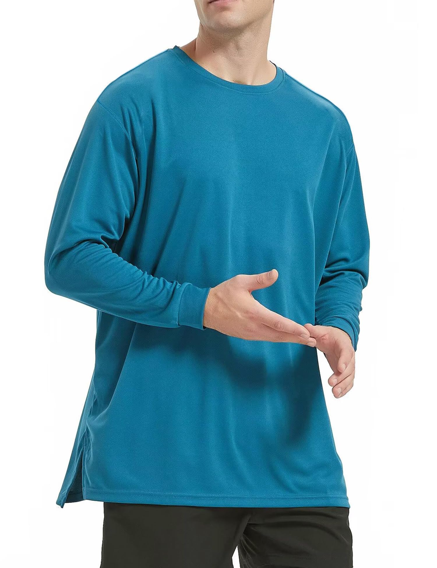 SANNIDHI Men's Crew Neck T Shirt for Running and Daily Wear with Moisture Wicking Fabric | Peacock Blue Long Sleeve Pullover