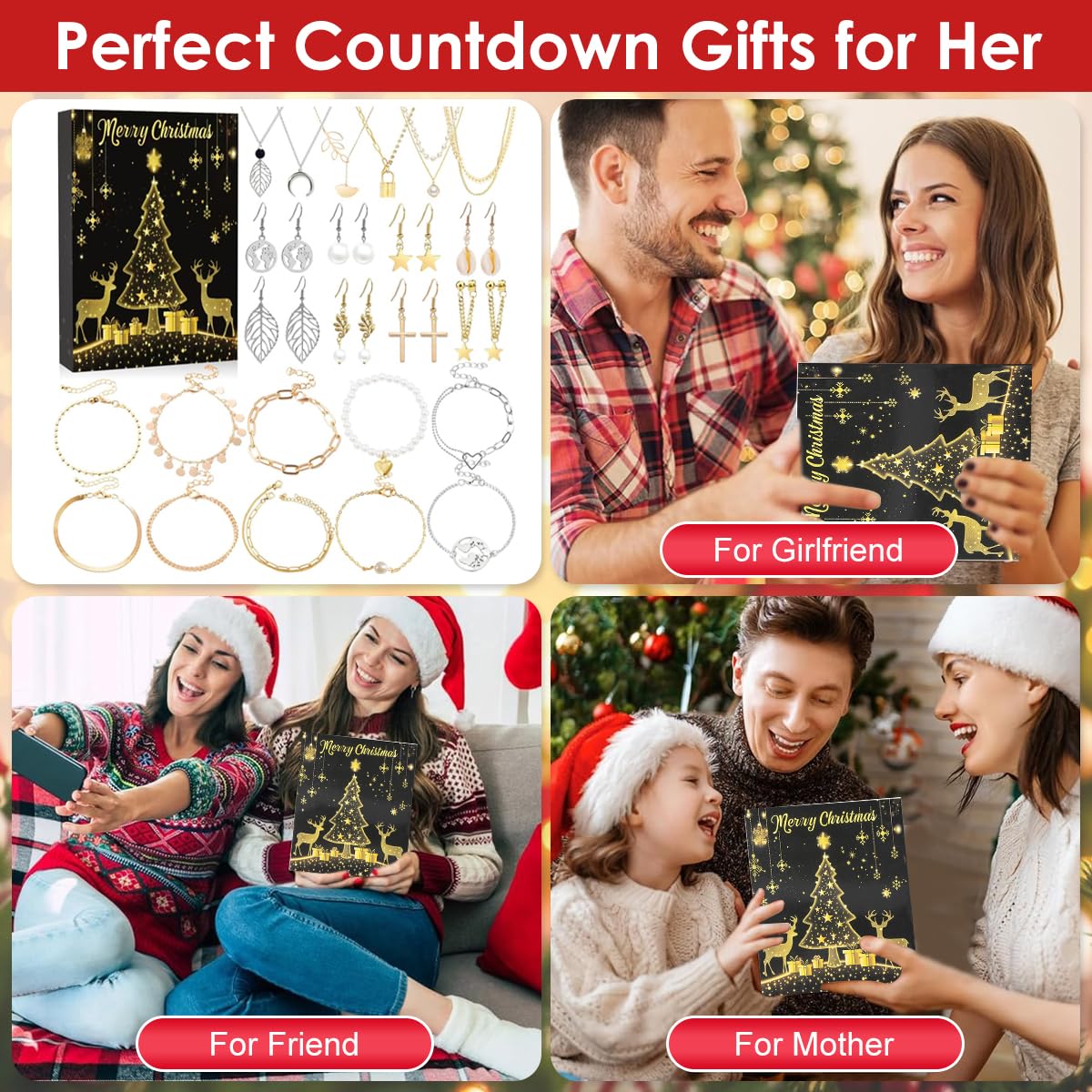 HASTHIP Christmas Gift Box 2025 Advent Calendar with 24Pcs Jewelry | Zinc Alloy Gold and Silver Set for Women and Girls