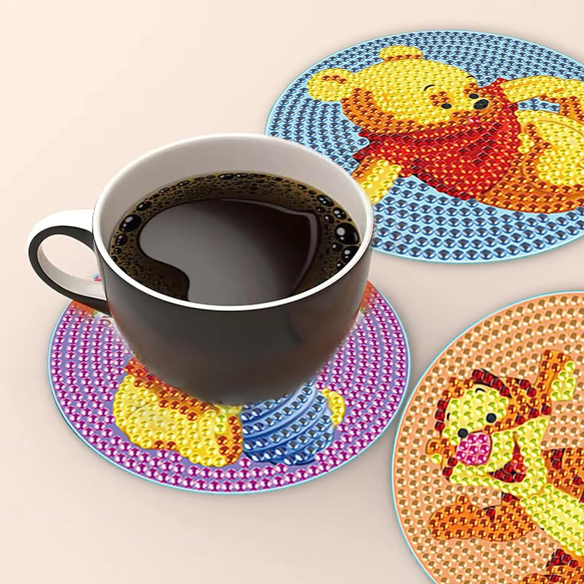 PATPAT Diamond Painting Coaster Set for DIY Tea Crafts with Tools 5 Pcs Acrylic 10cm | Winnie the Pooh Design