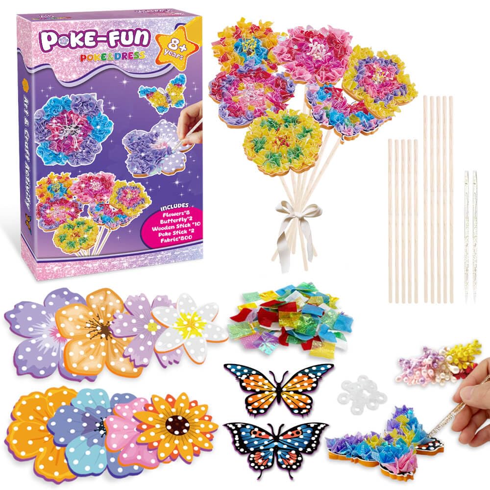 PATPAT® Poke in Art Kits for Girls, Creating Flower Bouquet Making Kit Art Kit for Kids 6-12, 800-PCS Multicolor Fabric Craft Set with Stems & Butterflies, Birthday Gift for Girl