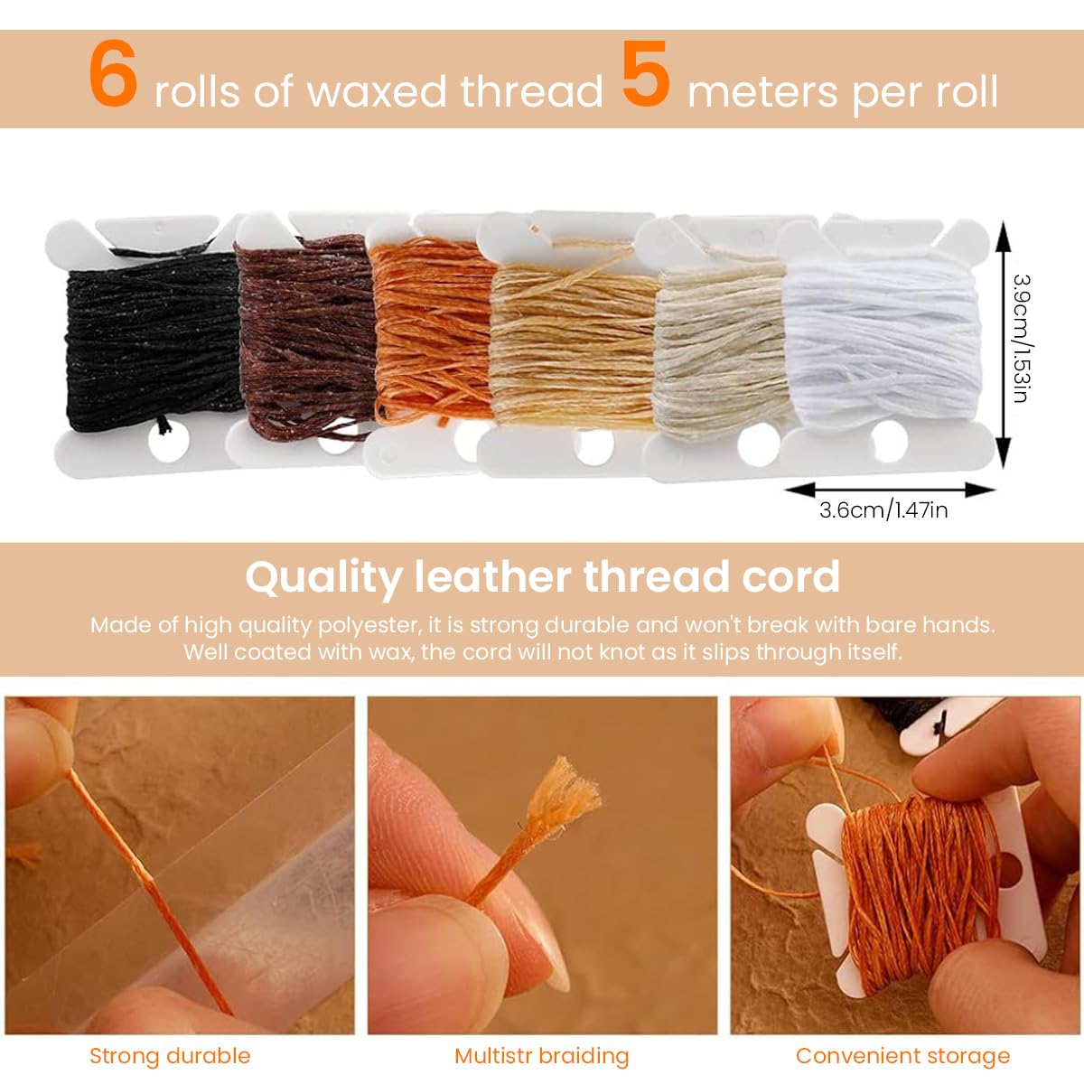 HASTHIP® 59 Pcs Leather Sewing Kit, Leather Needles for Hand Sewing, Heavy Duty Sewing Upholstery Repair Kit Waxed Thread Large-Eye Stitching Needles for Carseat Backpack Carpet Boots Shoes Sofa