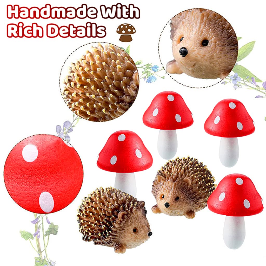 HASTHIP® 6PCS Fairy Outdoor Garden Animals Figurines Outdoor Fairy Wild Garden Accessories Resin Hedgehogs and Wood Mushroom Miniature Garden for Plant Pots Bonsai Craft Decor Fairy Wild Garden