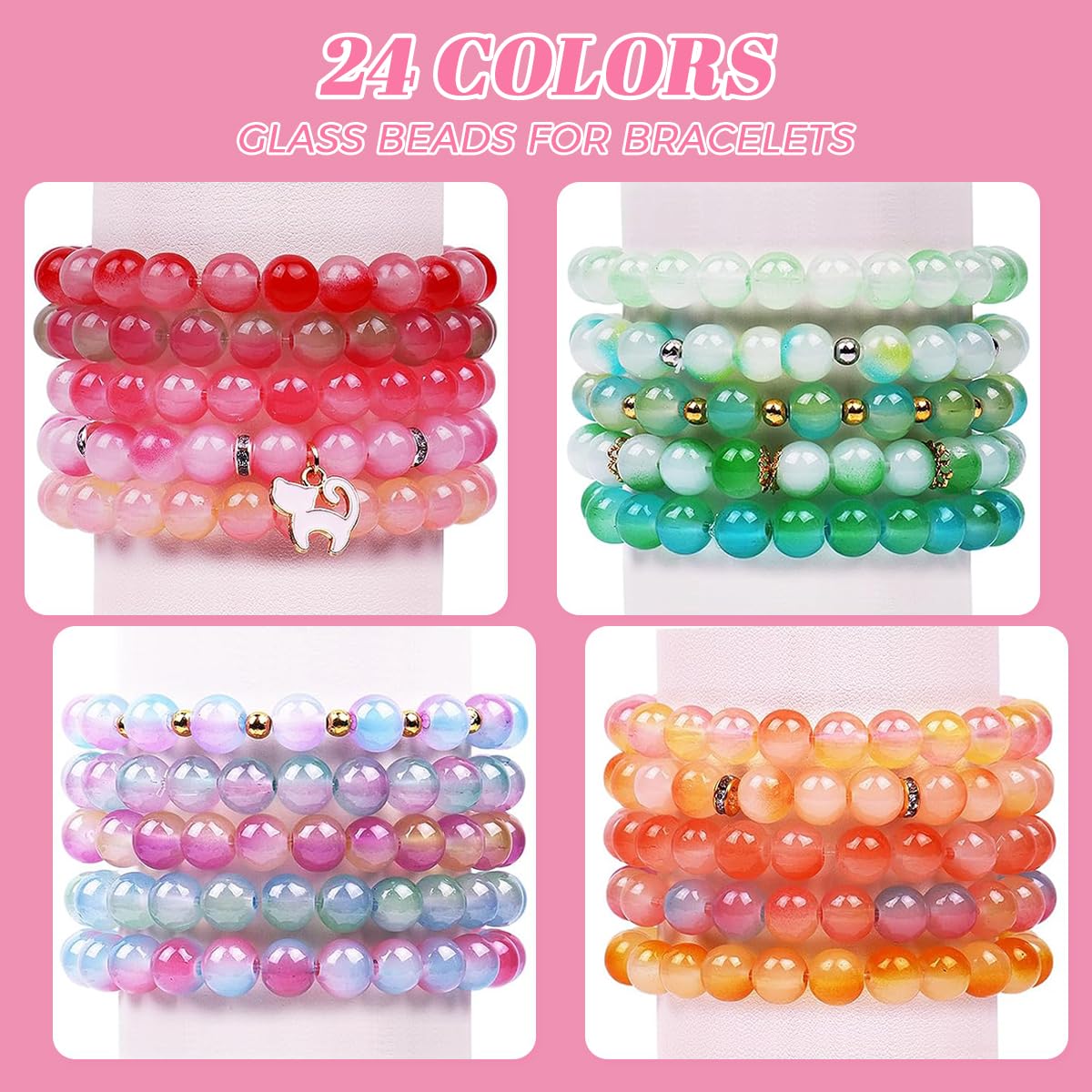 SANNIDHI DIY Beading Bracelet Making Kit with 24 Colors 8mm Glass Beads and Spacer Beads | Jewelry Craft Set for Bracelets Necklaces and Phone Chains