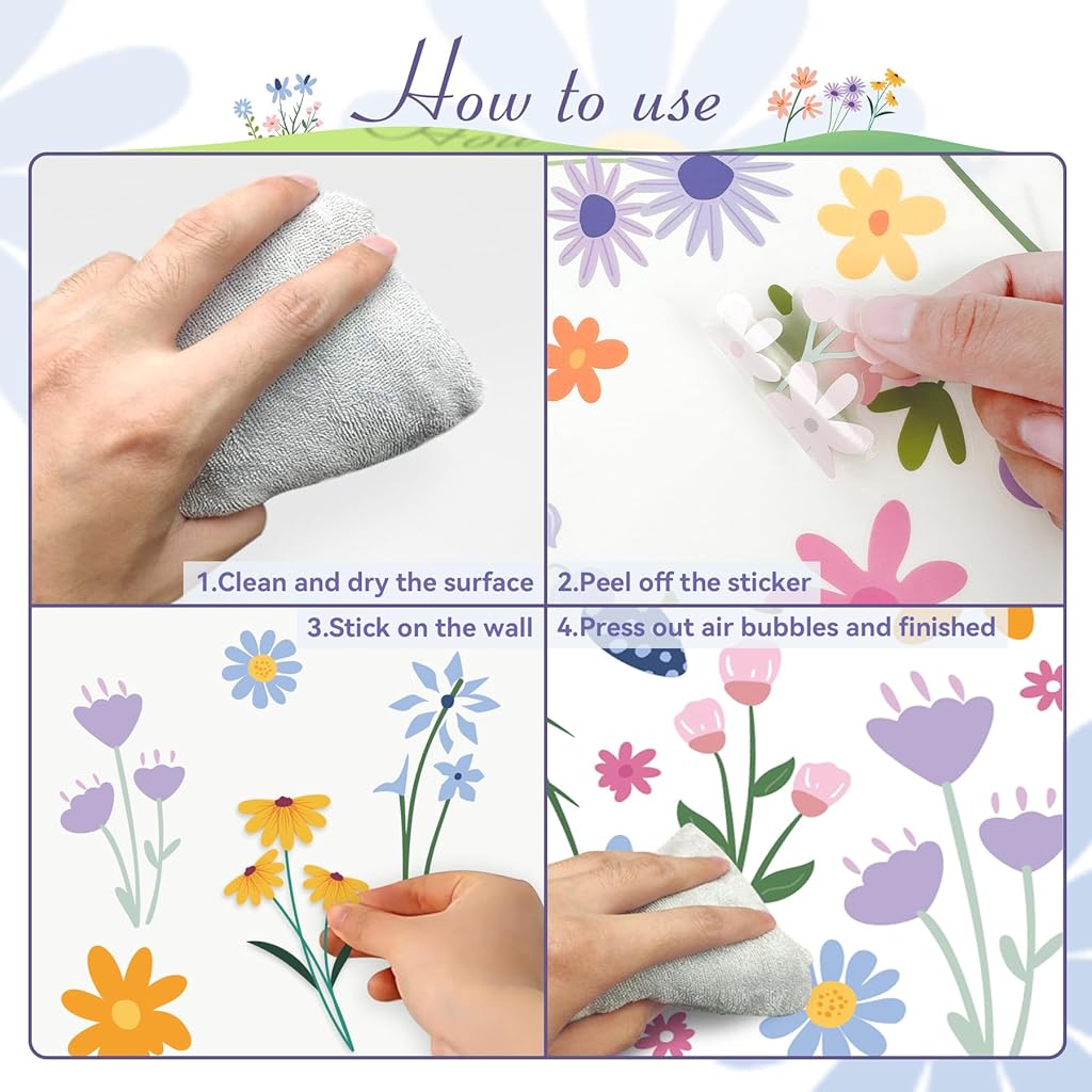 HASTHIP® 8 Sheets Flower Wall Decals 102 Pcs Spring Themed Wildflower Wall Stickers Peel and Stick Fairy Floral Wall Decor for Girls Bedroom Living Room Nursery Home