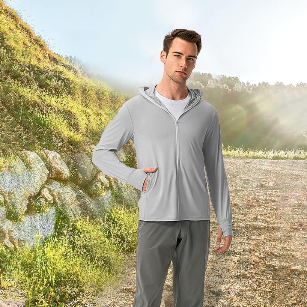 GUSTAVE Men's UPF 50+ Sun Protection Jacket with Full Zip Hood and Pockets for Outdoor Activities