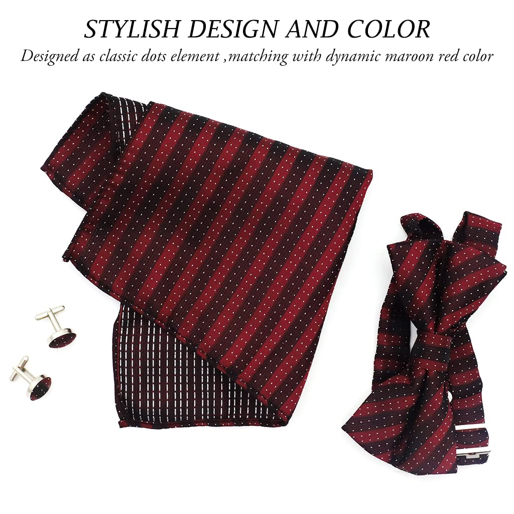 PALAY Men Suit Bow Tie Set for Formal Occasions with 4.3x2.7 in Bow Tie & Cufflinks | Maroon Red Polyester Silk
