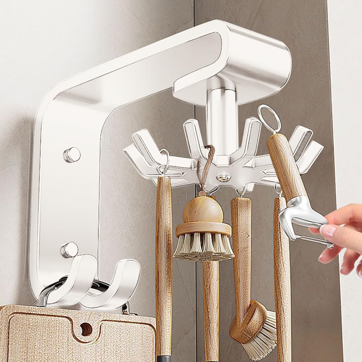 HASTHIP Multi Utensil Organizer for Kitchen with 360° Rotatable 10 Hooks and Carbon Steel Design