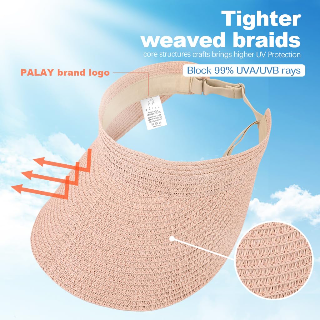 PALAY Straw Cap for Women featuring Wide Brim Sun Protection and Packable Pink 2PCS