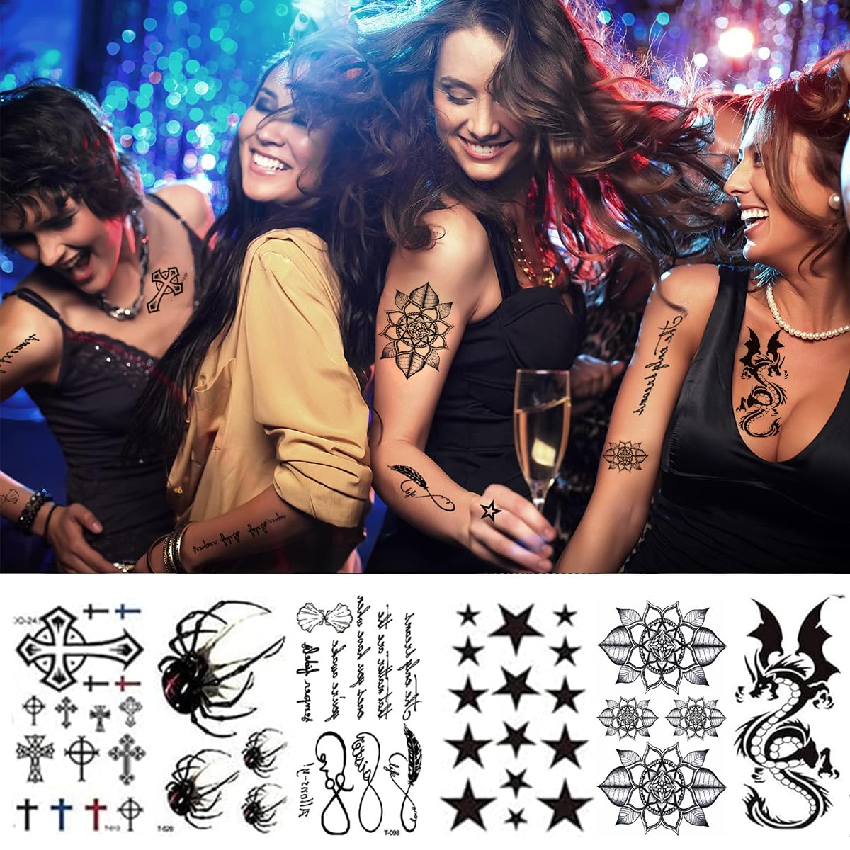 MAYCREATE® 36 Sheets Temporary Tattoo for Men Women, Large Tattoo Sticker for Arm Legs, Half Arm Band Tattoo, Waterproof Fake Black Tattoos for Party, Club, Perform, Special Makeup