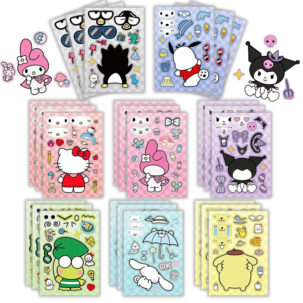 HASTHIP® Kawaii Pasteup Stickers Set of 24Pcs DIY Cartoon Faces Stickers Sanrio Cartoon Characters Themed Paint By Stickers Waterpoof PVC DIY Make Your Own Face Cartoon Characters Stickers