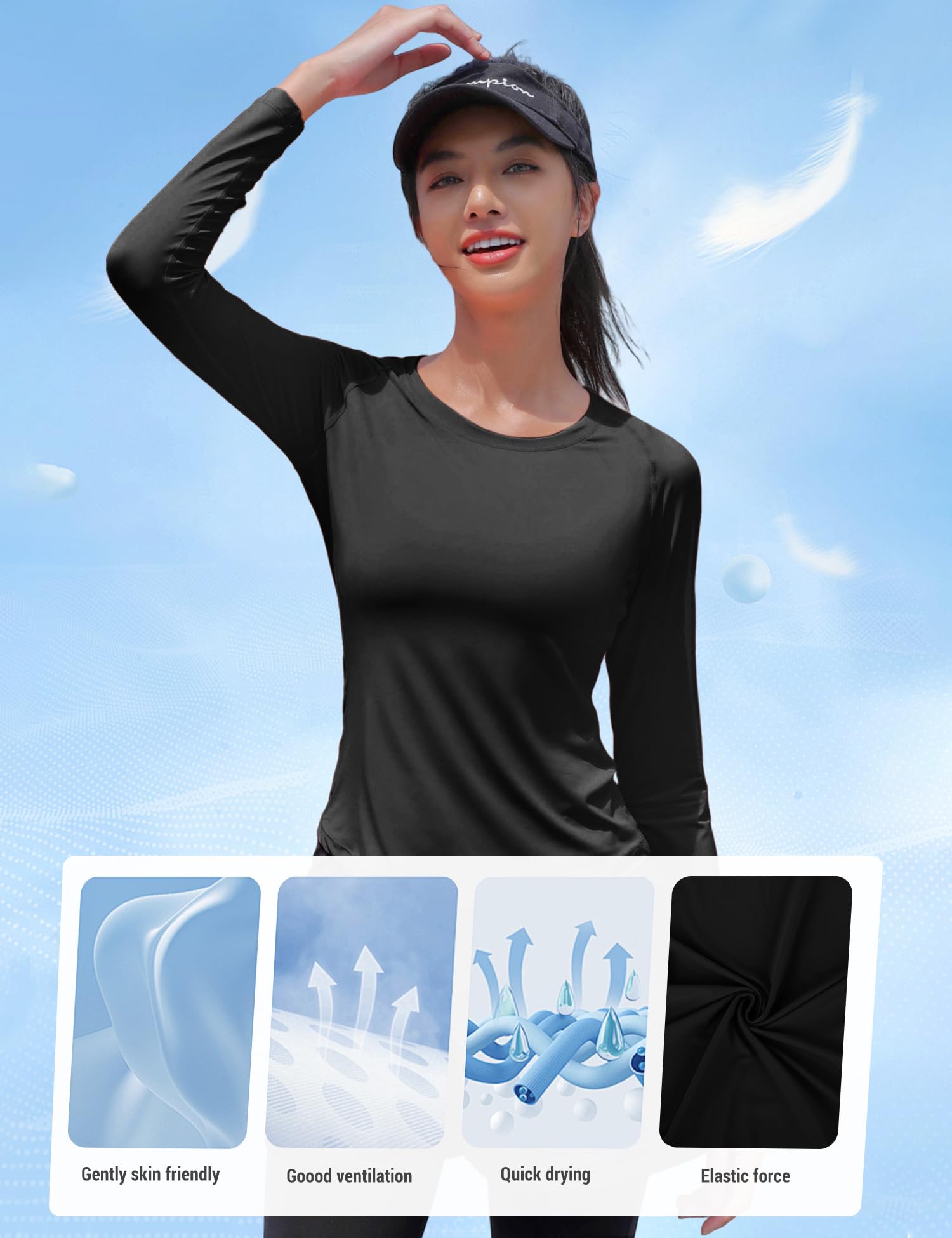 Venzina Women's Long Sleeve Quick Dry T Shirt for Yoga and Running with UPF 50+ Sun Protection | Lightweight Stretchable Black Athletic Top