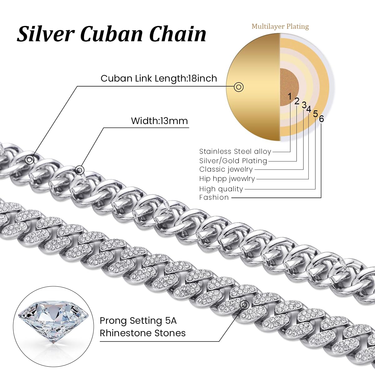 Venzina Cuban Chain Necklace for Men and Women 20in featuring Rhinestone Links | Silver