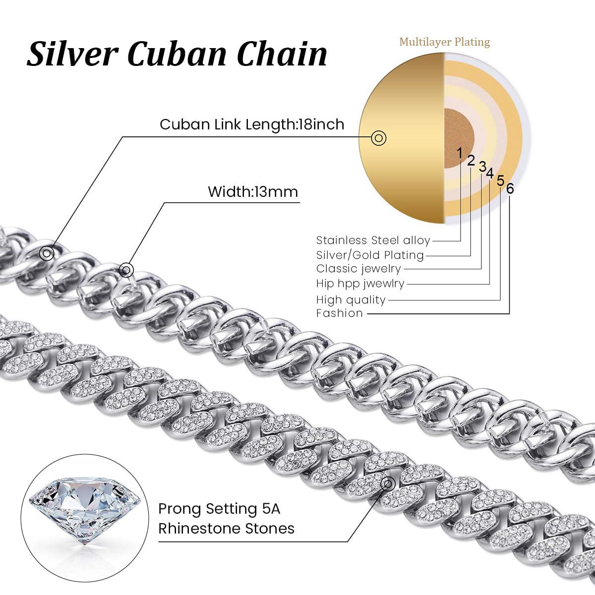 Venzina® Cuban Chain for Men Women 20in Bling Rhinestone Necklace Choker Hip Hop Ice Out Fashion Cuban Link Chain - Silver