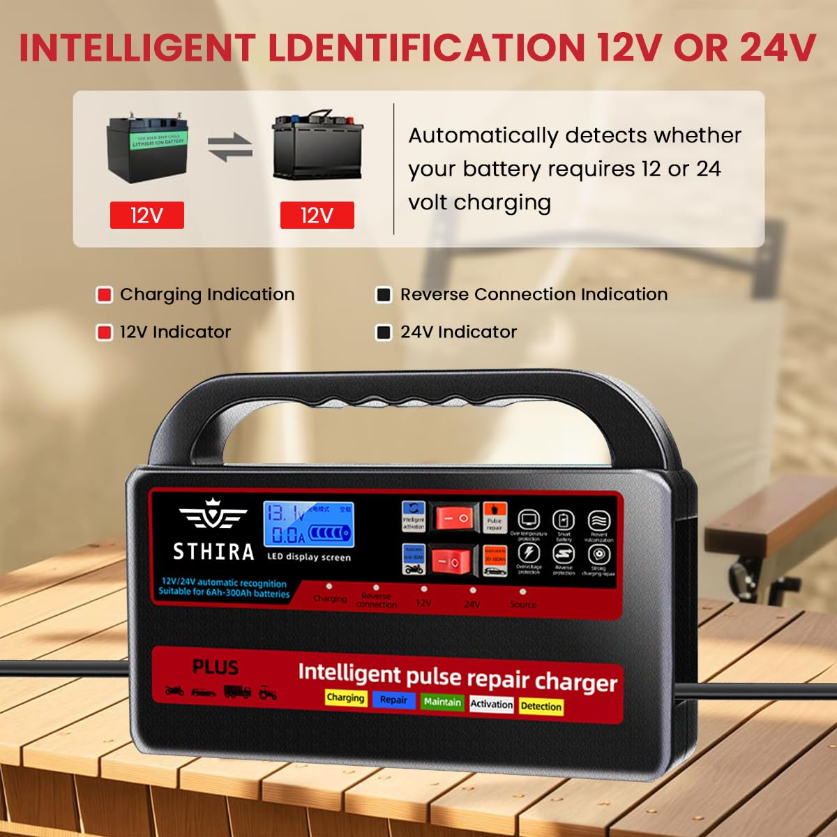 STHIRA Intelligent Pulse Battery Charger for 12V and 24V Lead Acid Batteries | LCD Display and Auto Shut Off