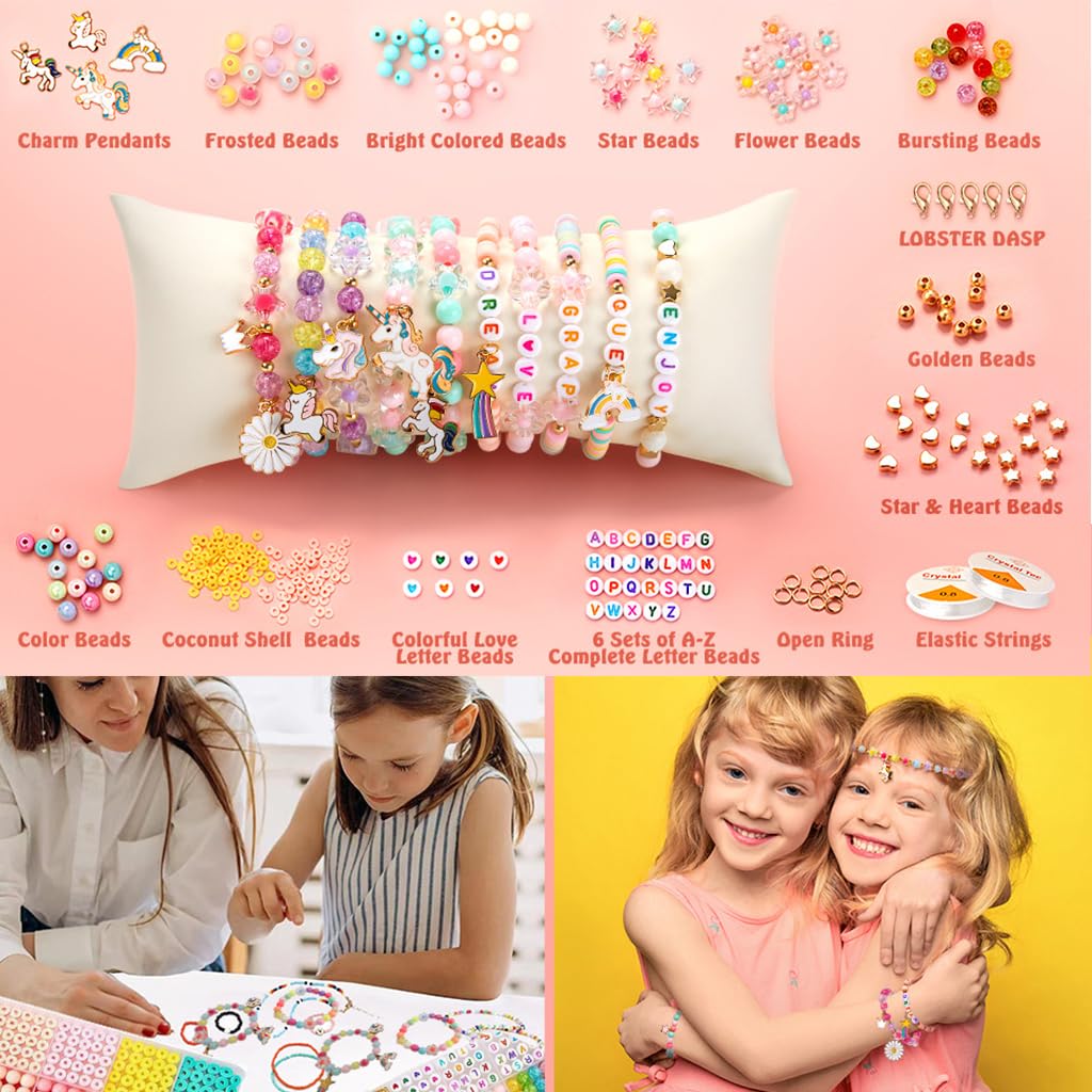 SANNIDHI® 2 Boxes Bracelet Making Kit with Macaron Color Clay Beads, Letter Beads, Unicorn Pendants & Tools, DIY Jewellery Craft Set for Girls & Women Gift