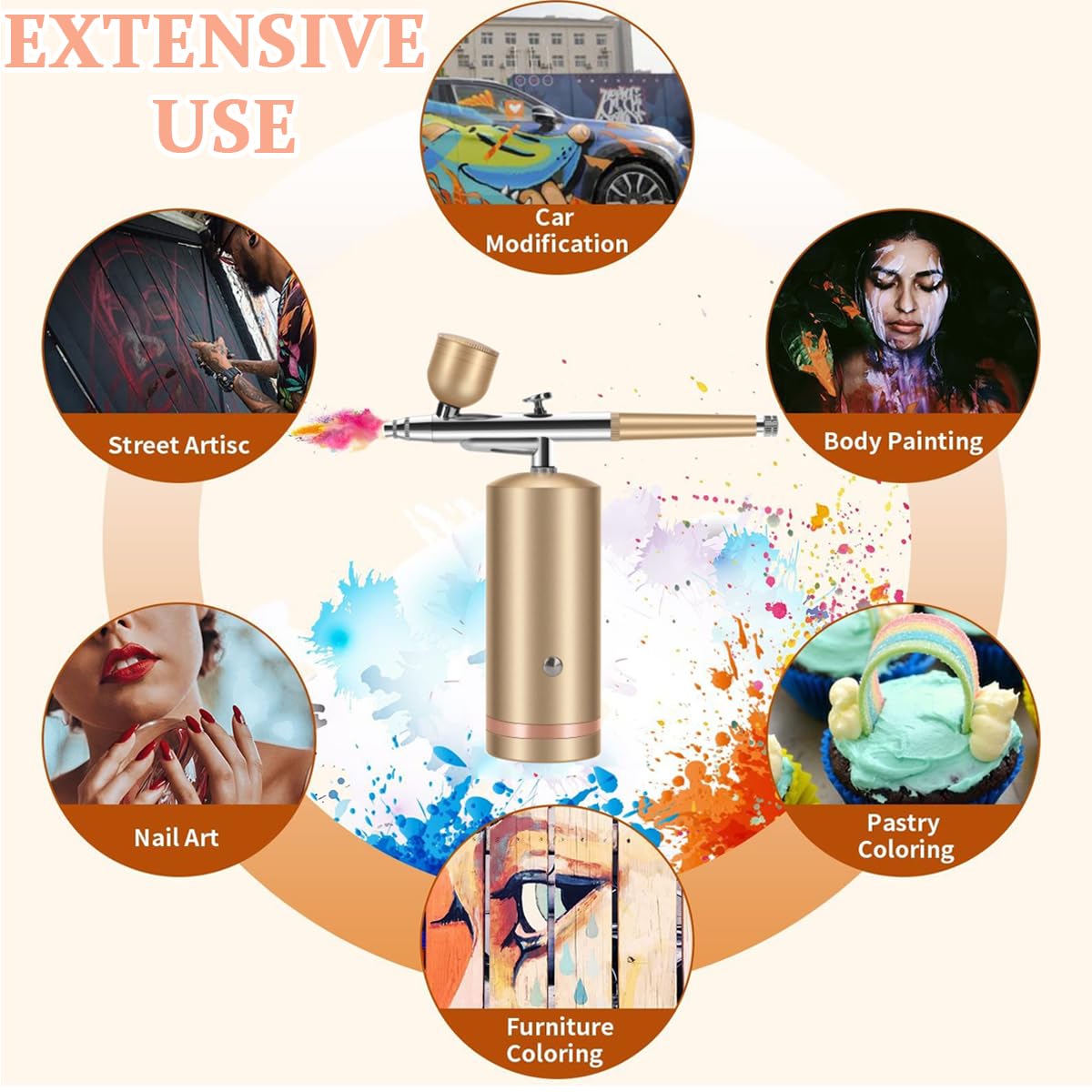 HANNEA Airbrush Kit for Makeup Painting and Cake Decor with 48PSI 0.3mm Nozzle | Rechargeable Cordless Gold Model