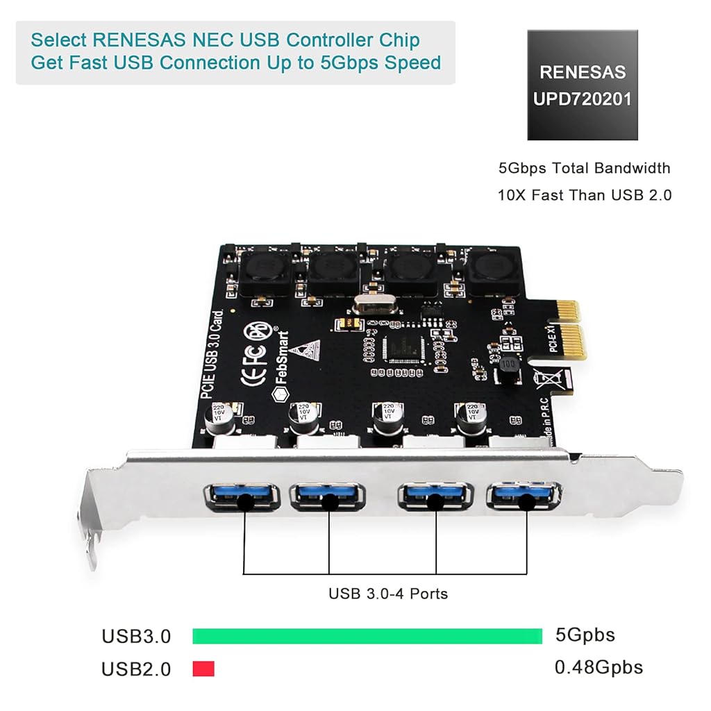 Verilux® 4 Ports USB 3.0 HUB Super Fast 5Gbps PCI Express (PCIe) Expansion Card for Motherboard Windows Server, XP, 7, Vista, 8, 8.1, 10 PCs-Build in Self-Powered Technology-No Need Additional Power Supply