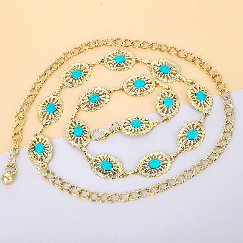 PALAY® Gold Waist Chain for Women Stylish Body Belly Chain Ladies Peacock Blue Beaded Beach Hip Chain for Saree, Crop Tops, Bikinis Jewelry Accessories - 23.6+19.6 Inch