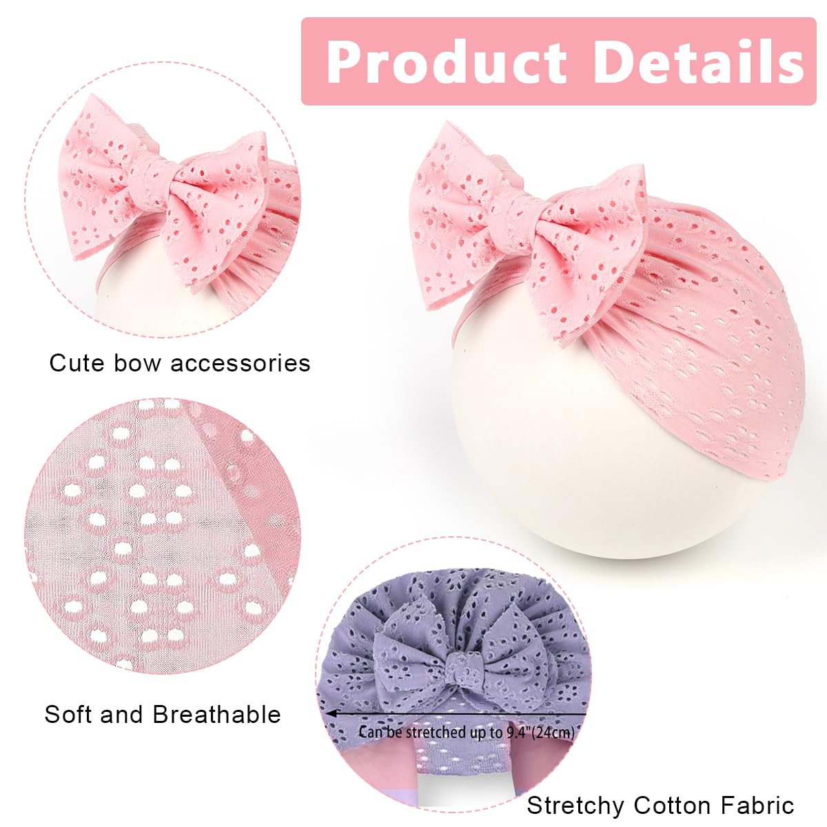 PALAY Baby Cap Set for 3–18 Months with Big Bow and Stretchy Fabric | Soft Turban Hats