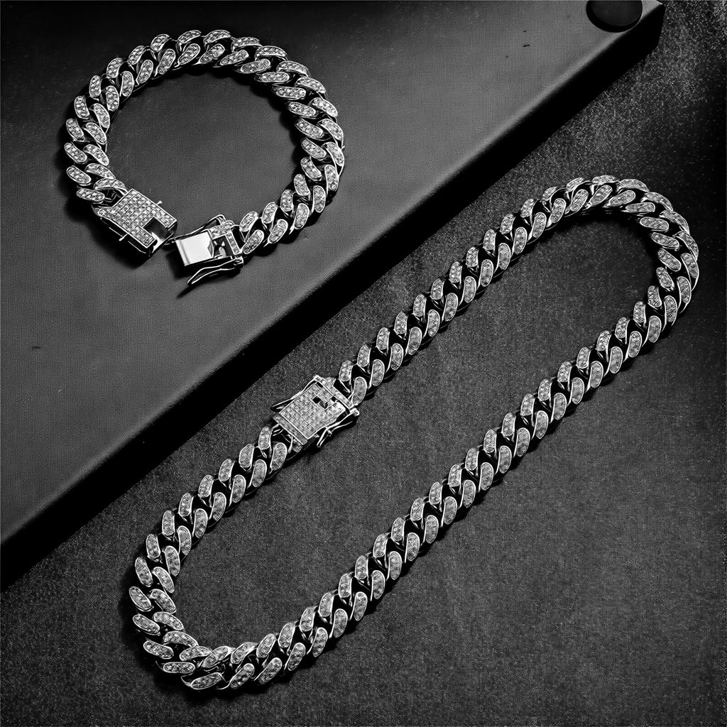 GUSTAVE Cuban Link Chain Set for Men featuring Interlocking Links with Zircon Shine 24 in | 7.8 in