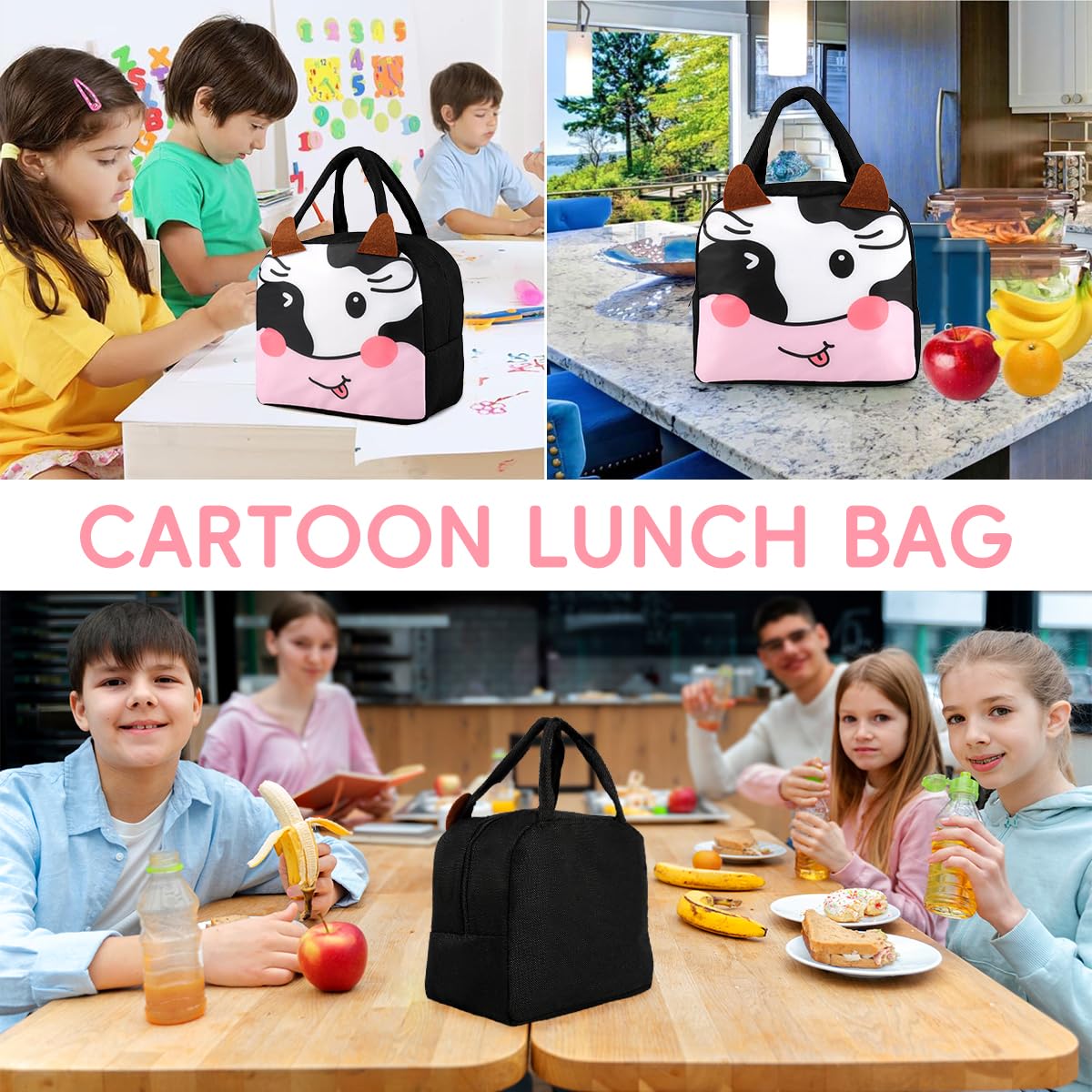 HASTHIP Lunch Bag for School and Picnic with Insulated Liner 21x12x18cm | Cartoon Fabric Design