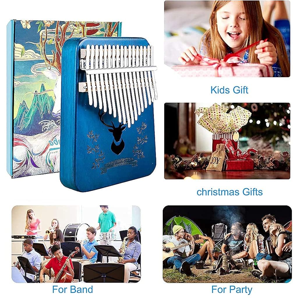 ELEPHANTBOAT® Blue Deer Kalimba Mbira Thumb Piano Musical Instrument with Learning Book Tune Hammer Cloth Bag Sticker Bilingual Instruction Finger Covers Christmas Gifts for Woman Kids 2PCS