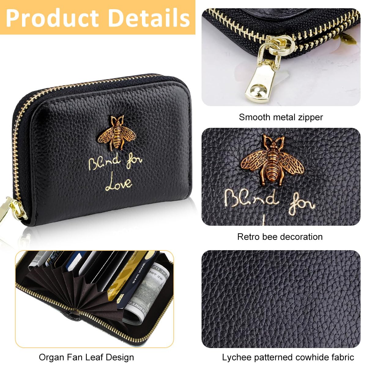PALAY Women Card Bag with 12 Card Slots and RFID Blocking 10.5x8cm PU Leather Black