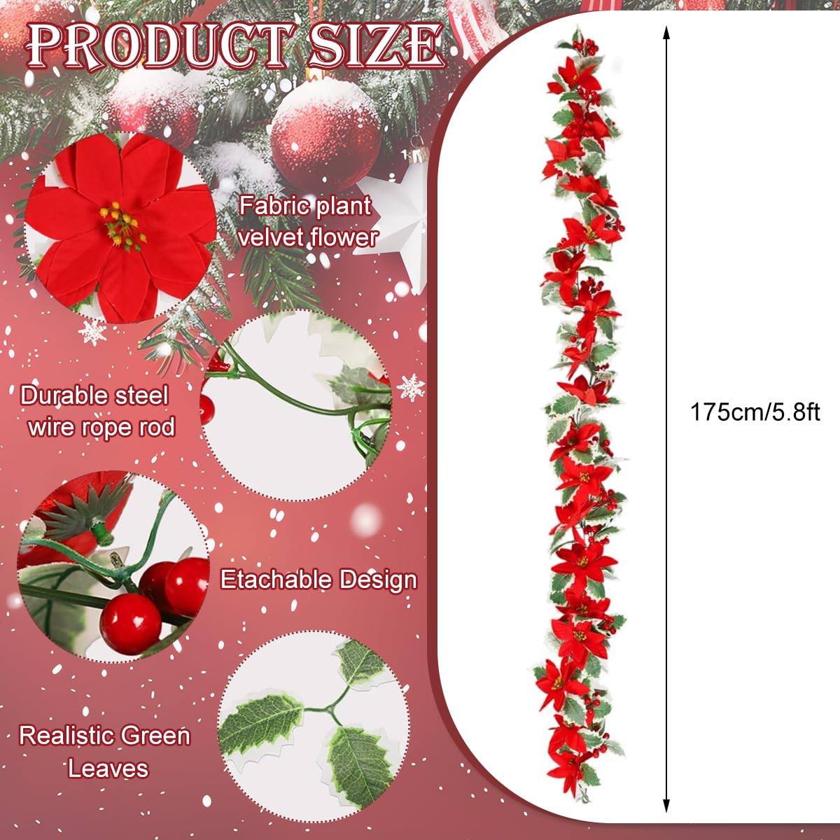 HASTHIP Christmas Garland 5.8 ft for Tree Door and Wall featuring Velvet Poinsettias & Holly | Festive Home Decor