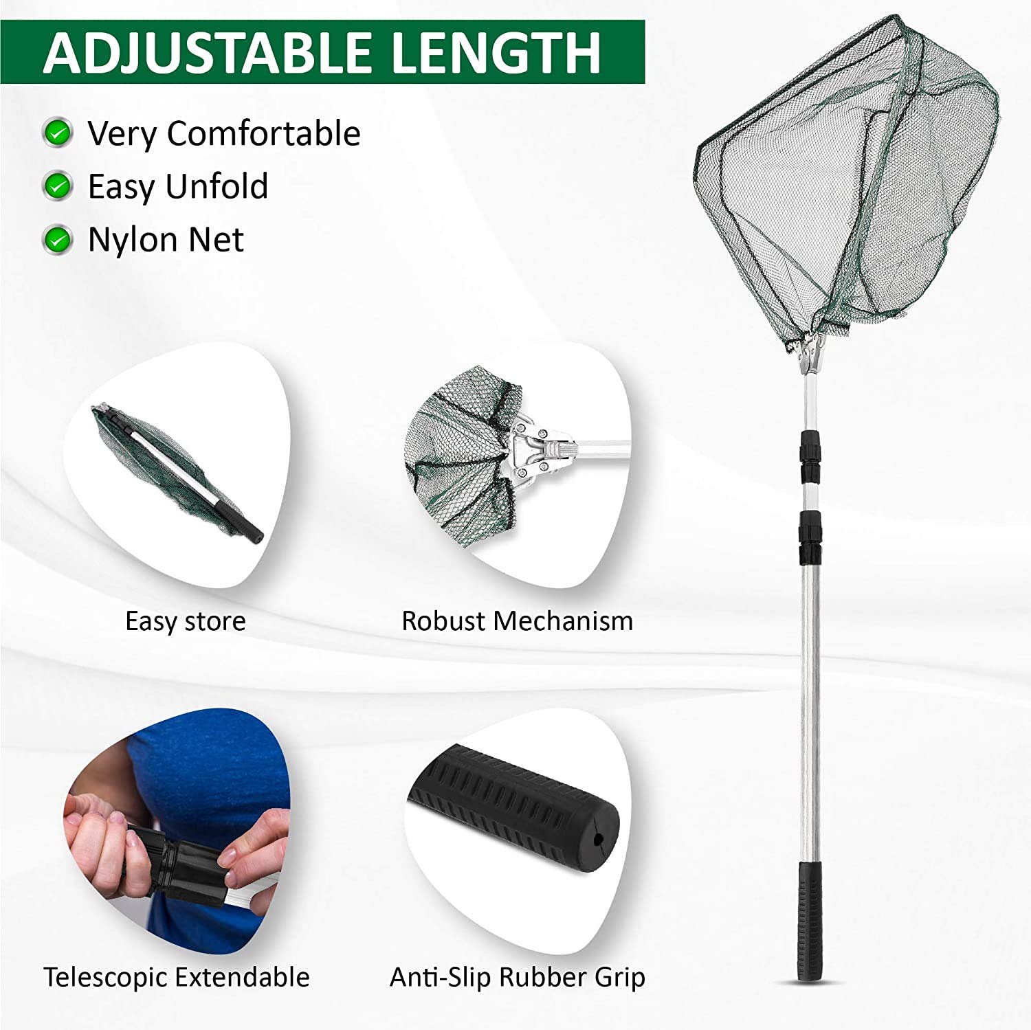 Proberos  Fishing Net,Foldable 36-66 inch Telescopic Fishing Landing Net with Aluminum Alloy Handle for Ponds Carp Trout Fishing