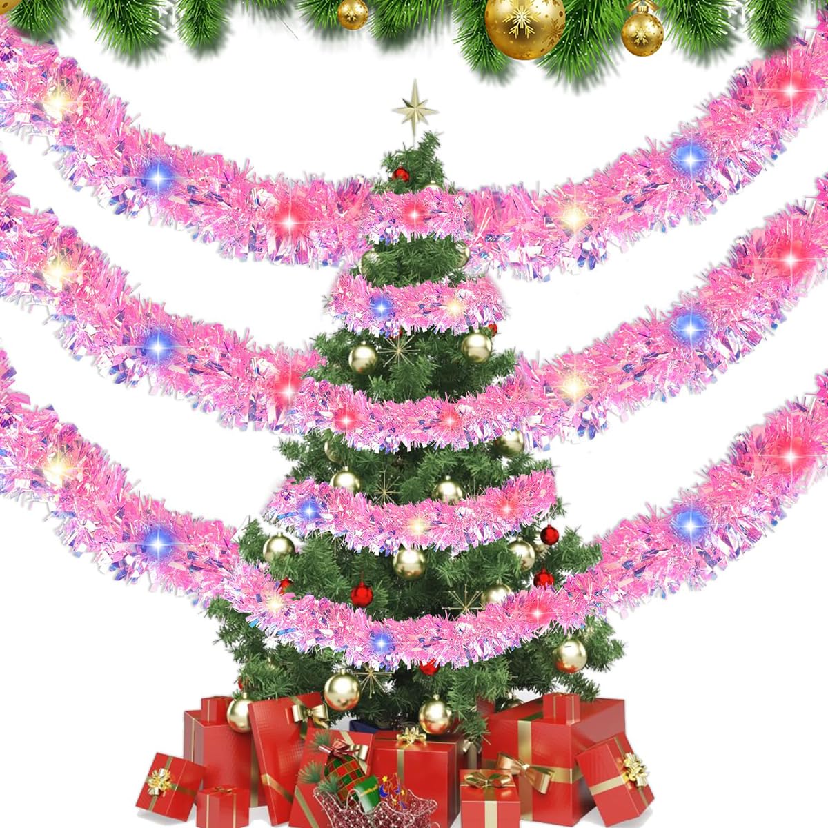 HASTHIP Pink Christmas Tinsel Garland for Trees and Parties featuring Shiny Metallic Fringe 16.4ft