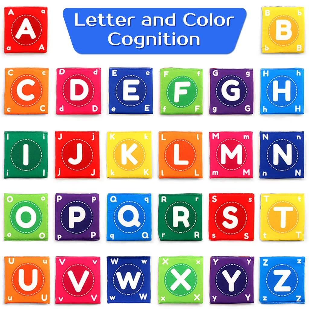 ELEPHANTBOAT® 26Pcs Washable Non-Toxic Double Side Soft English Alphabet Flash Cards Cloth Books Early Learning Bath Toys with Storage Bag for New Born Baby & 6-12 Months Toodler