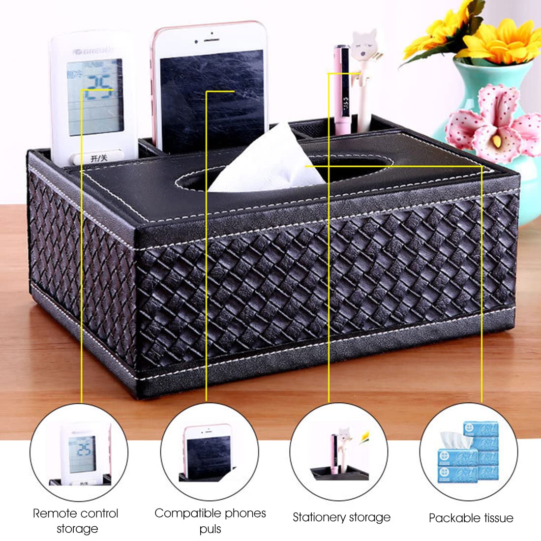 ZIBUYU® Table Organizer for Home PU Leather Tissue Box Holder Paper Napkin Box Multi-Grid Storage Box Side Three Compartments with Tissue Holder for Home and Office Desk Organizer - 1